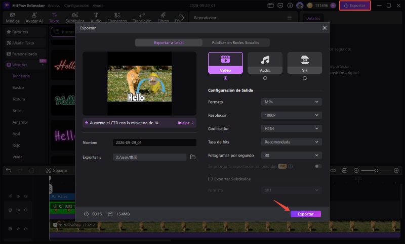 Pantalla de exportación de Edimakor para guardar una creación de gato llorando como GIF o vídeo