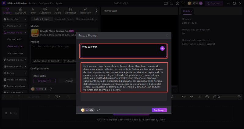 usar prompt de toma con dron