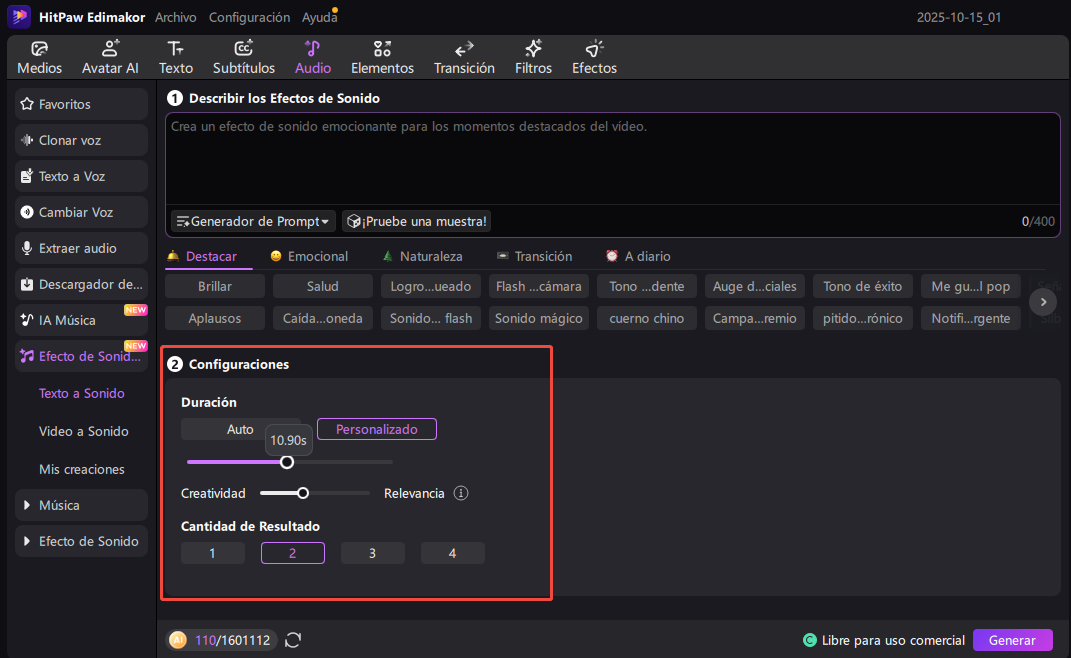 configuraciones de efecto de sonido ia