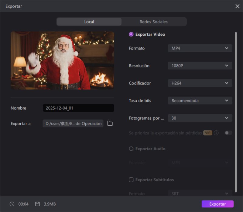 exportar video de intercambio de rostro con santa claus