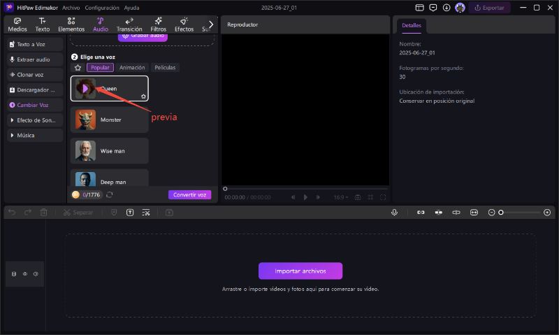 vista previa de efectos de voz