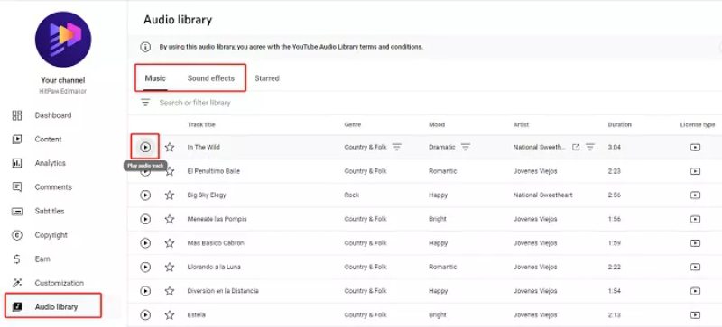youtube studio audio biblioteca