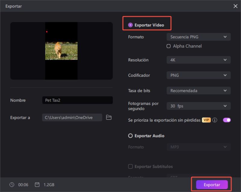 exportar el video usando plantillas