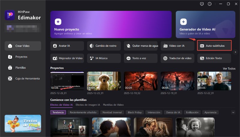 hitpaw edimakor interfaz de Auto Subtítulos