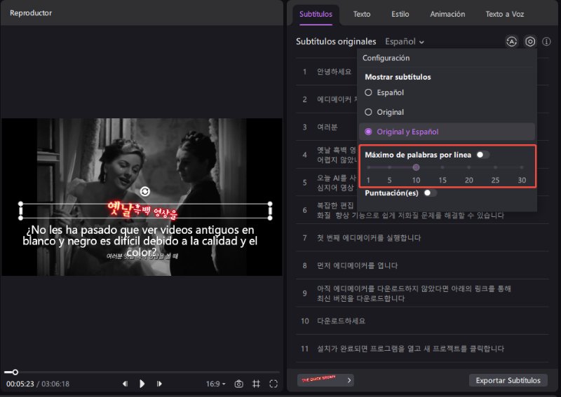 hitpaw edimakor Auto Subtítulos - adjustar longitud de Subtítulos