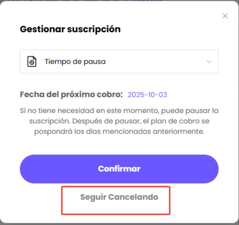 click Seguir Cancelando