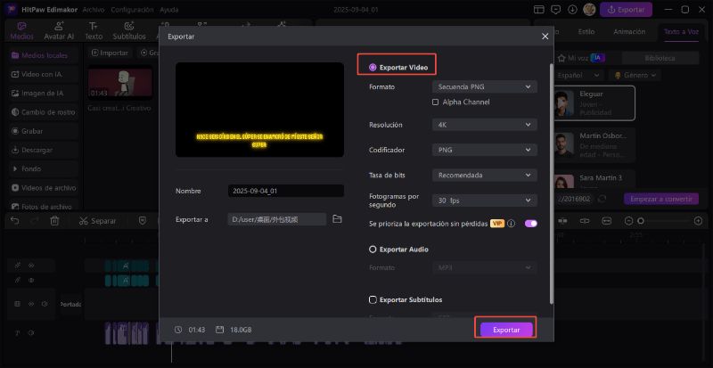 hitpaw edimakor texto a voz guia - exportar el video