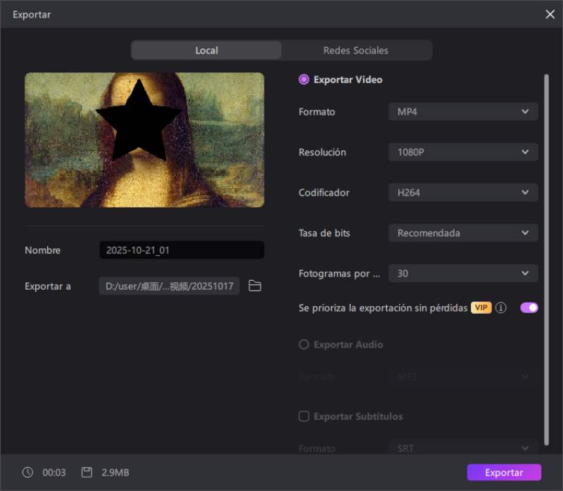 Máscara de video exportar de edimakor